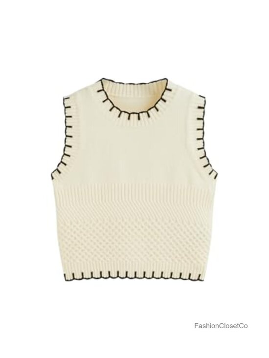Sweaters - Sleeveless Knit Crop Sweater Vest Color Block Crew Neck Casual Pullover